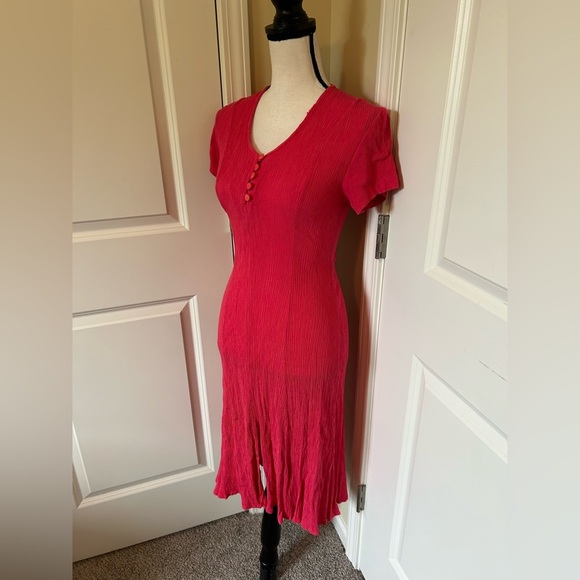 Vintage pink/Red Button-Front lace back cinch waist V-neck short sleeve dress - Picture 5 of 7